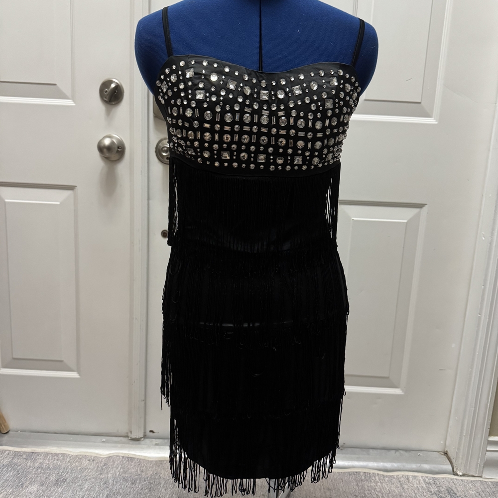 Noble U Black and Silver Backless Fringe Dress